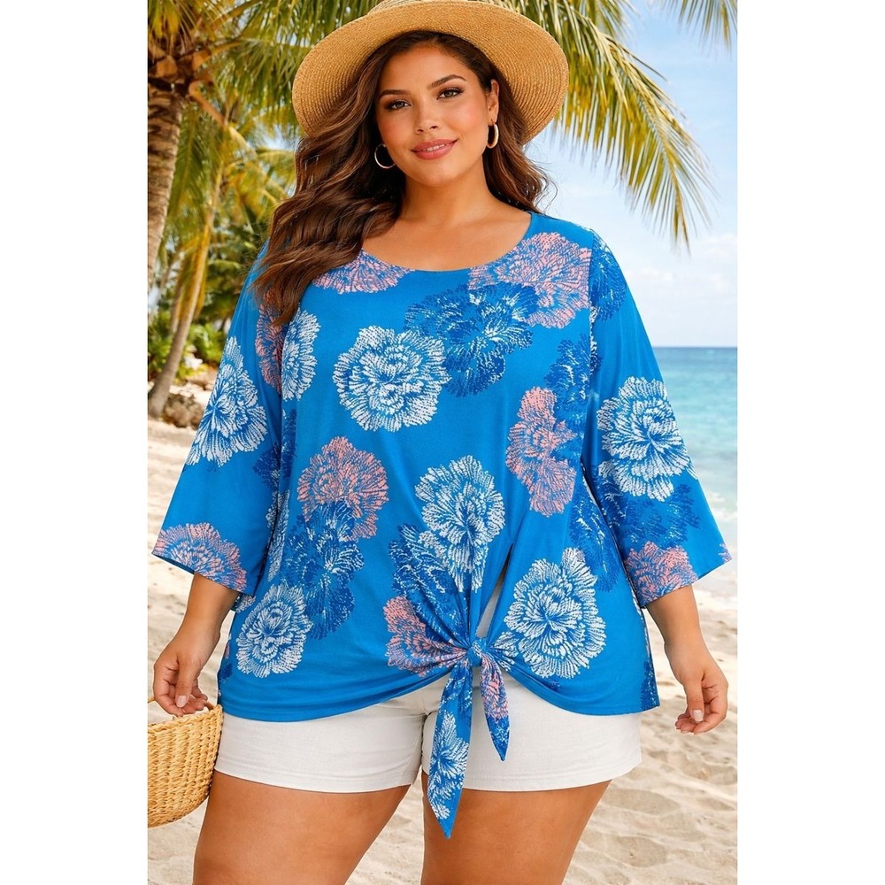 IMAN Womens Top Plus 3X Blue Floral Jersey Knit Tie Front Relaxed Tropical Party
